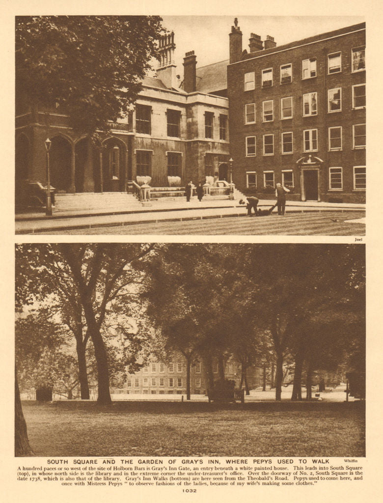 South Square and the garden of Gray's Inn, where Pepys used to walk 1926 print